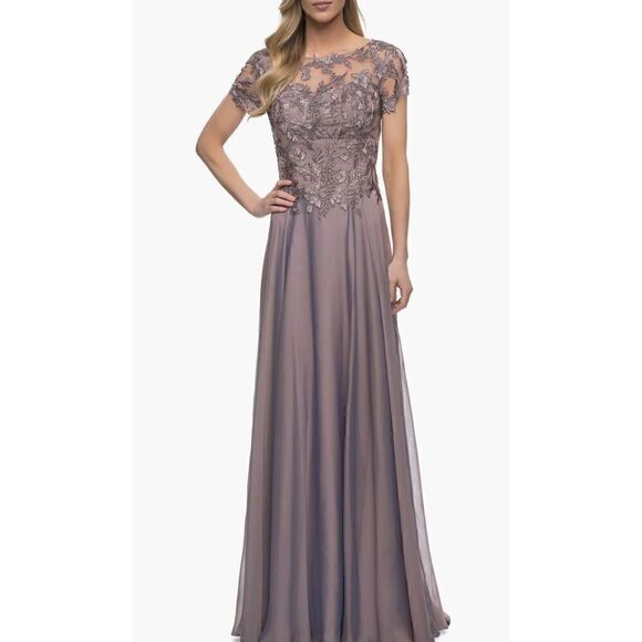 La Femme Floral Embroidery Chiffon Column Gown in Dark Mauve, Size 4. NWT. $535 - Picture 1 of 11